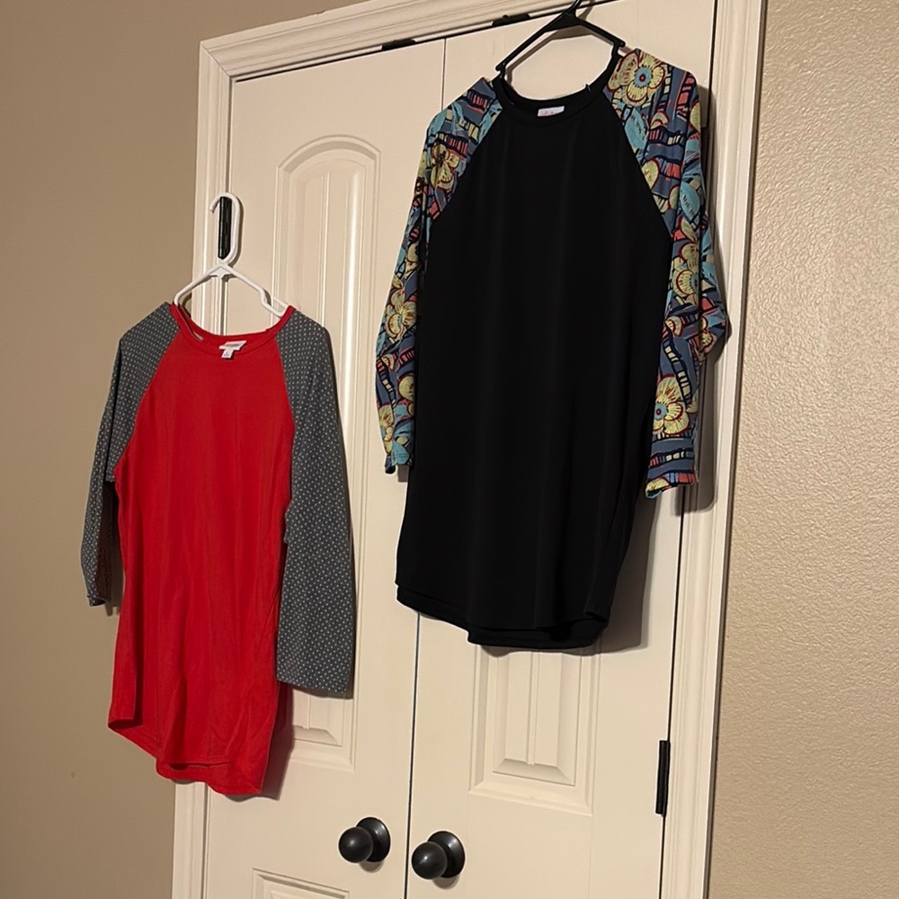 LuLaRoe Long Sleeve Tees - Red with Gray and Black with Patterned Sleeves